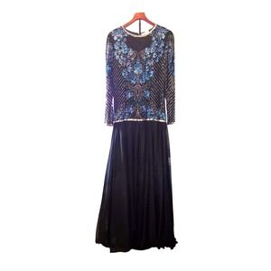 Alyce Designs VTG Gown Womens Sz 12 Black & Blue Sequin Beaded Silk Formal Dress